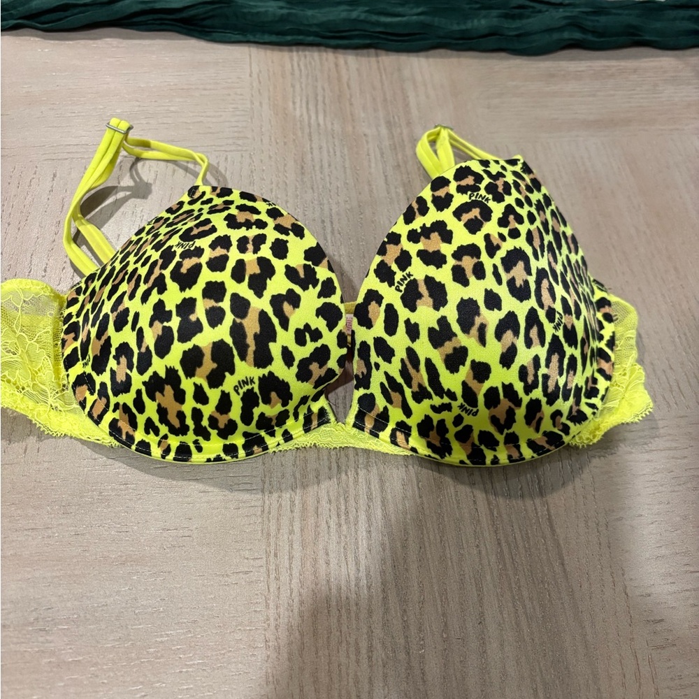 PINK Victoria's Secret Neon Yellow Leopard Bra